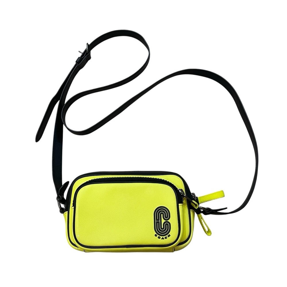 Coach Mini Edge Double Pouch Neon Yellow Black Leather Crossbody Small Bag